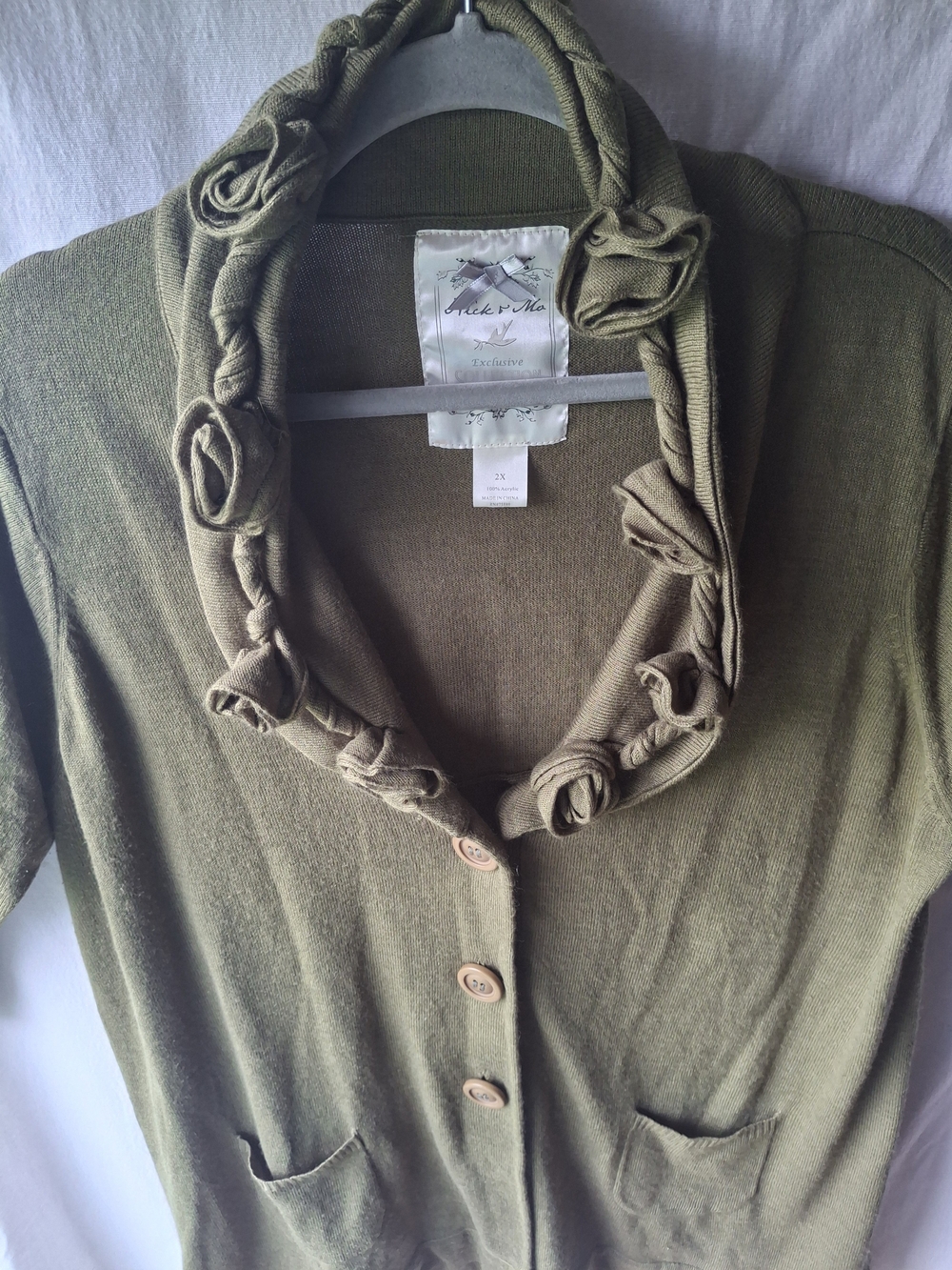 2X Olive Green Women's Cardigan with Decorative Rosette Collar
